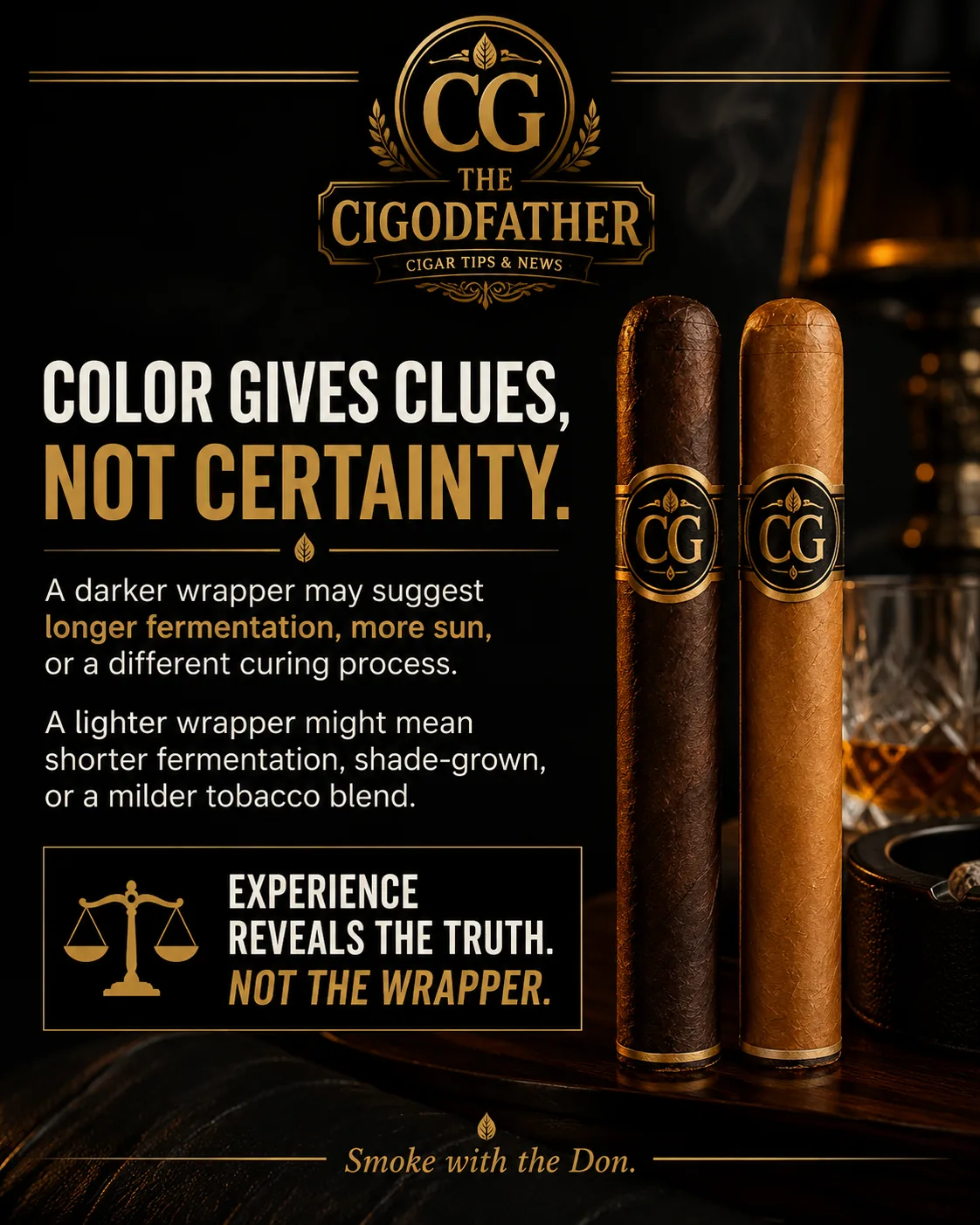 A darker wrapper may suggest longer fermentation or more sun; a lighter one, shorter fermentation or shade-grown leaf