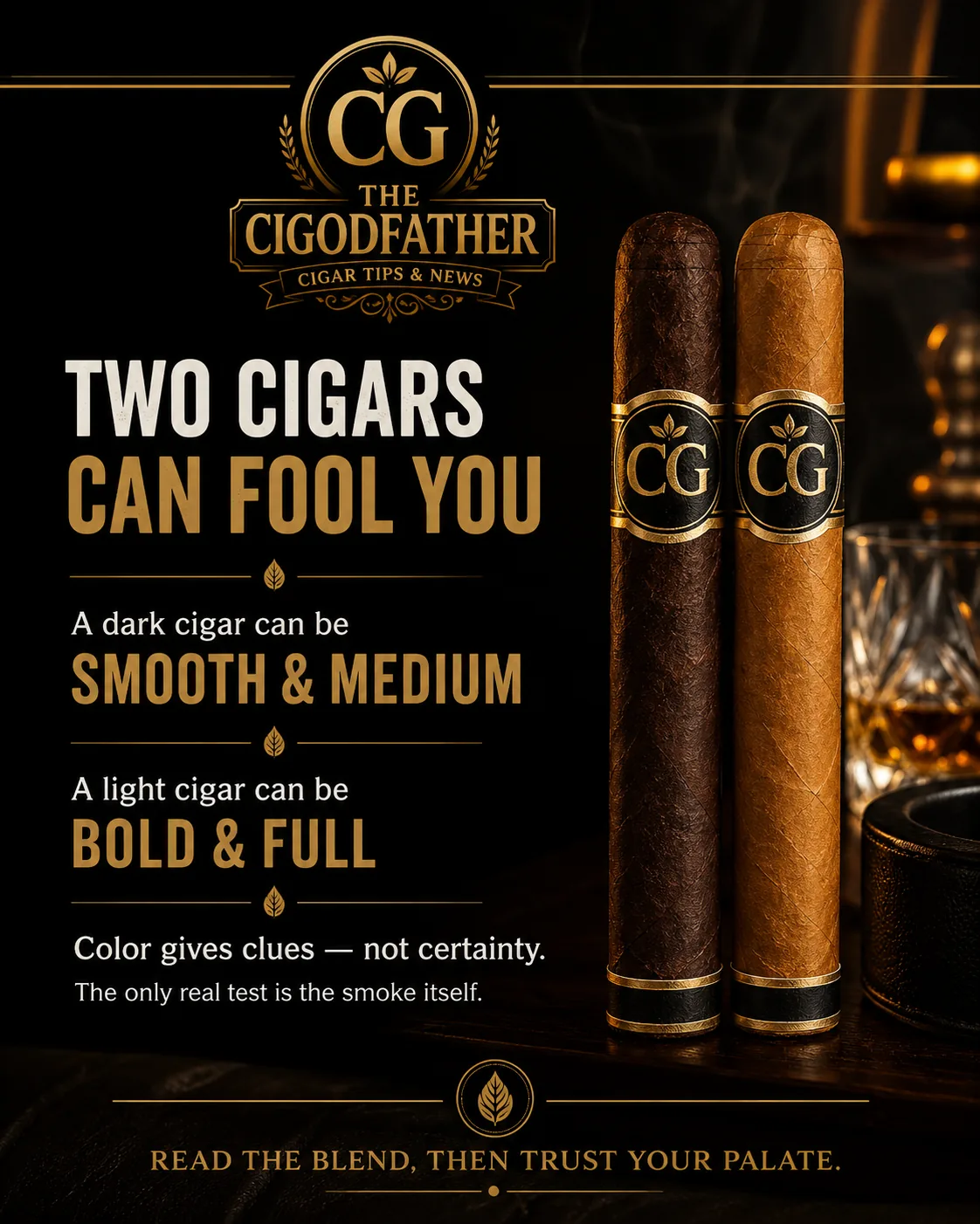 A dark cigar can be smooth and medium; a light cigar can be bold and full