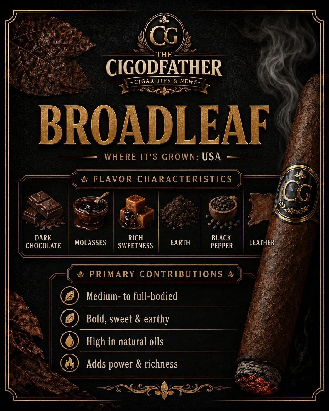 Broadleaf infographic: grown in USA, flavor notes of dark chocolate, molasses, rich sweetness, earth, black pepper, leather, and what it gives a blend