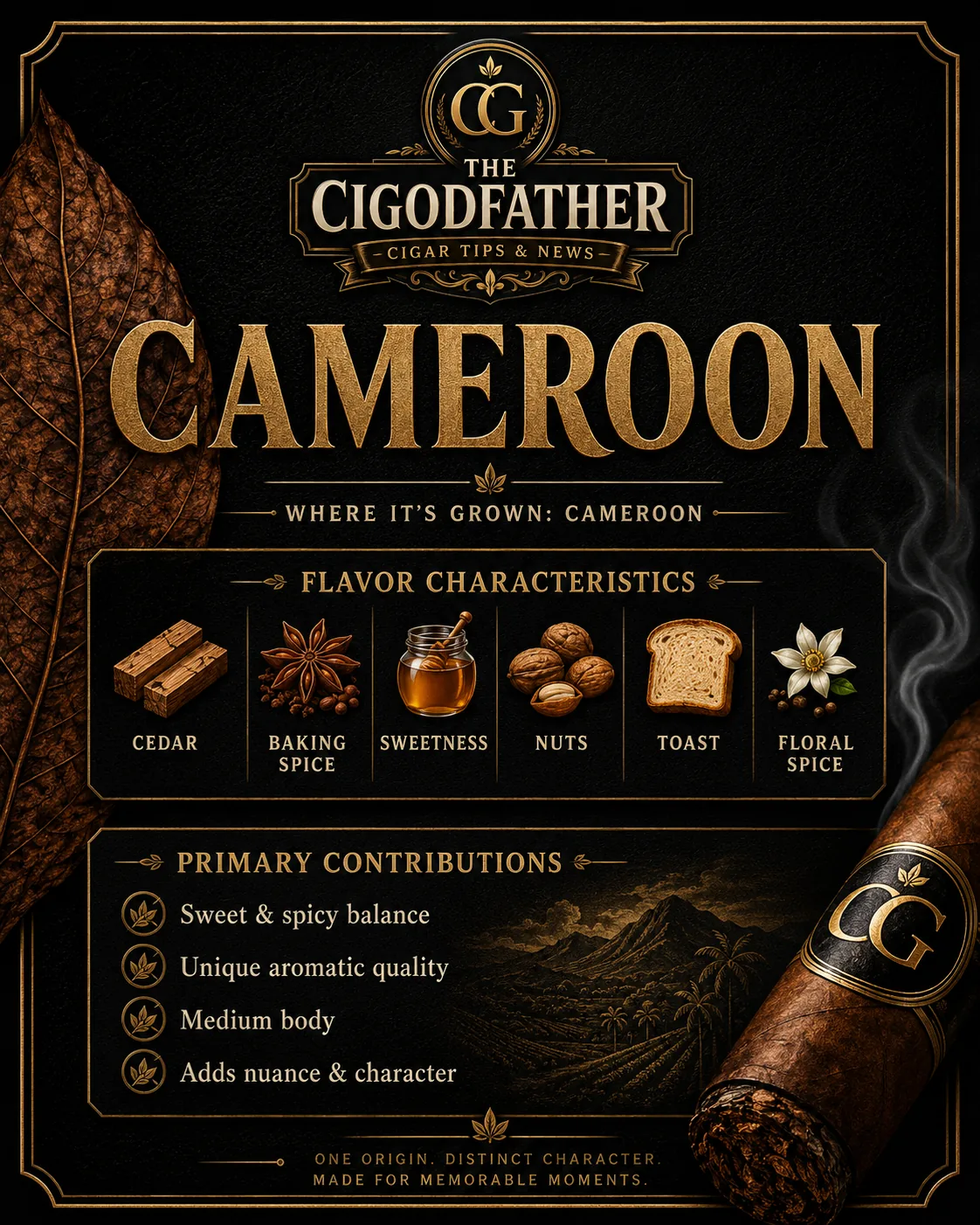Cameroon infographic: grown in Cameroon, flavor notes of cedar, baking spice, sweetness, nuts, toast, floral spice, and what it gives a blend
