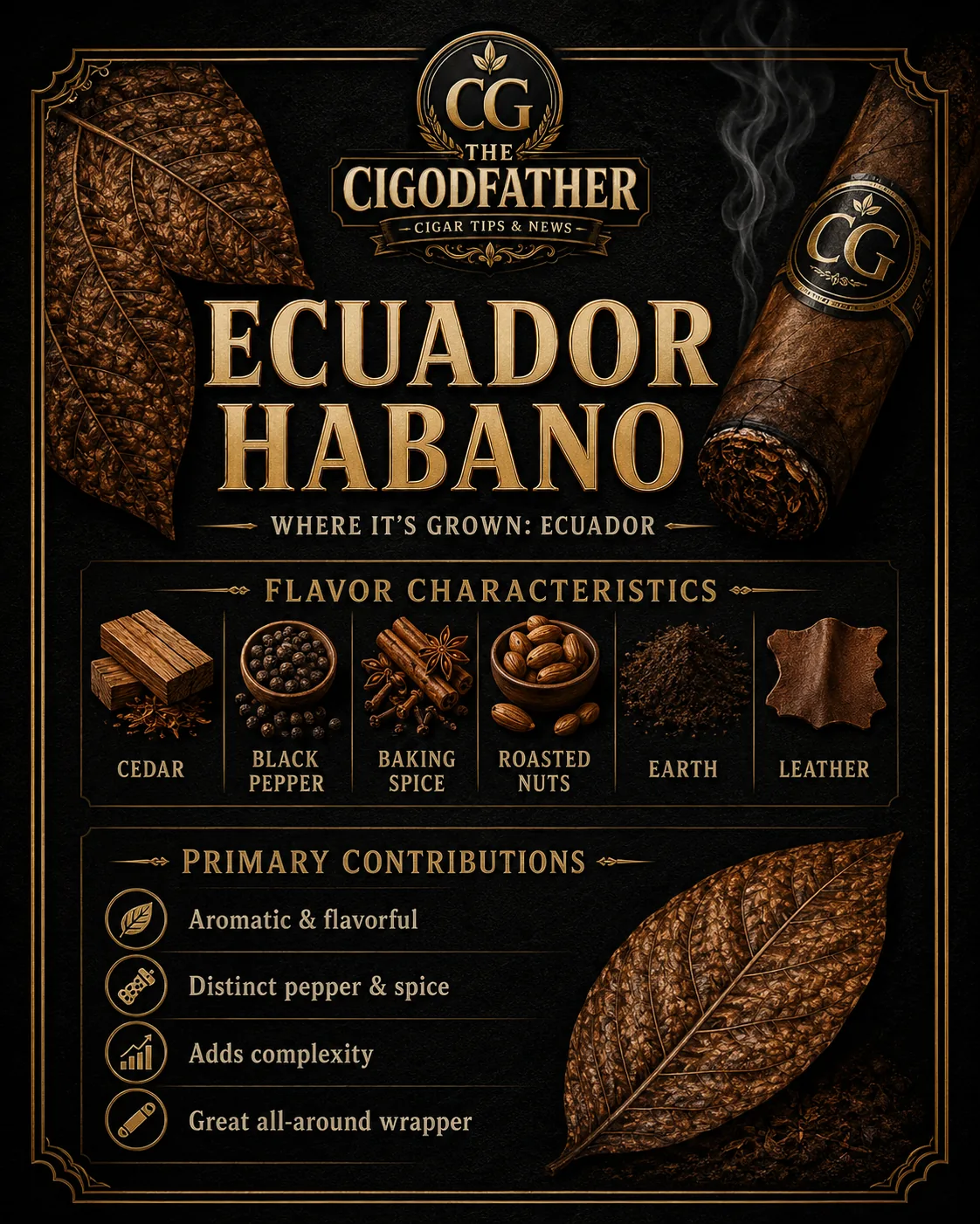 Ecuador Habano infographic: grown in Ecuador, flavor notes of cedar, black pepper, baking spice, roasted nuts, earth, leather, and what it gives a blend