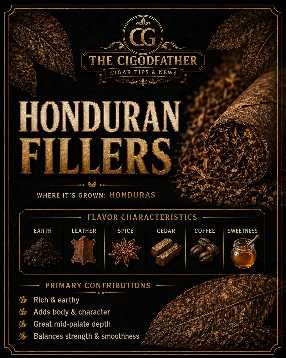 Honduran Fillers infographic: grown in Honduras, flavor notes of earth, leather, spice, cedar, coffee, sweetness, and what it gives a blend