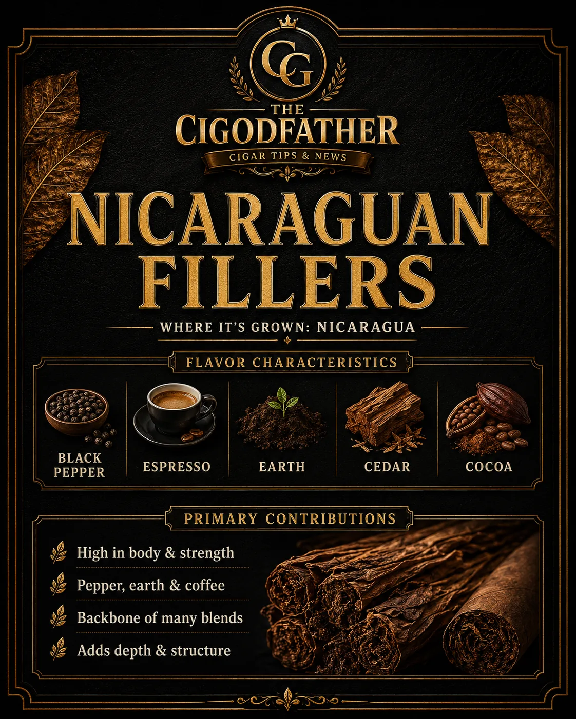 Nicaraguan Fillers infographic: grown in Nicaragua, flavor notes of black pepper, espresso, earth, cedar, cocoa, and what it gives a blend
