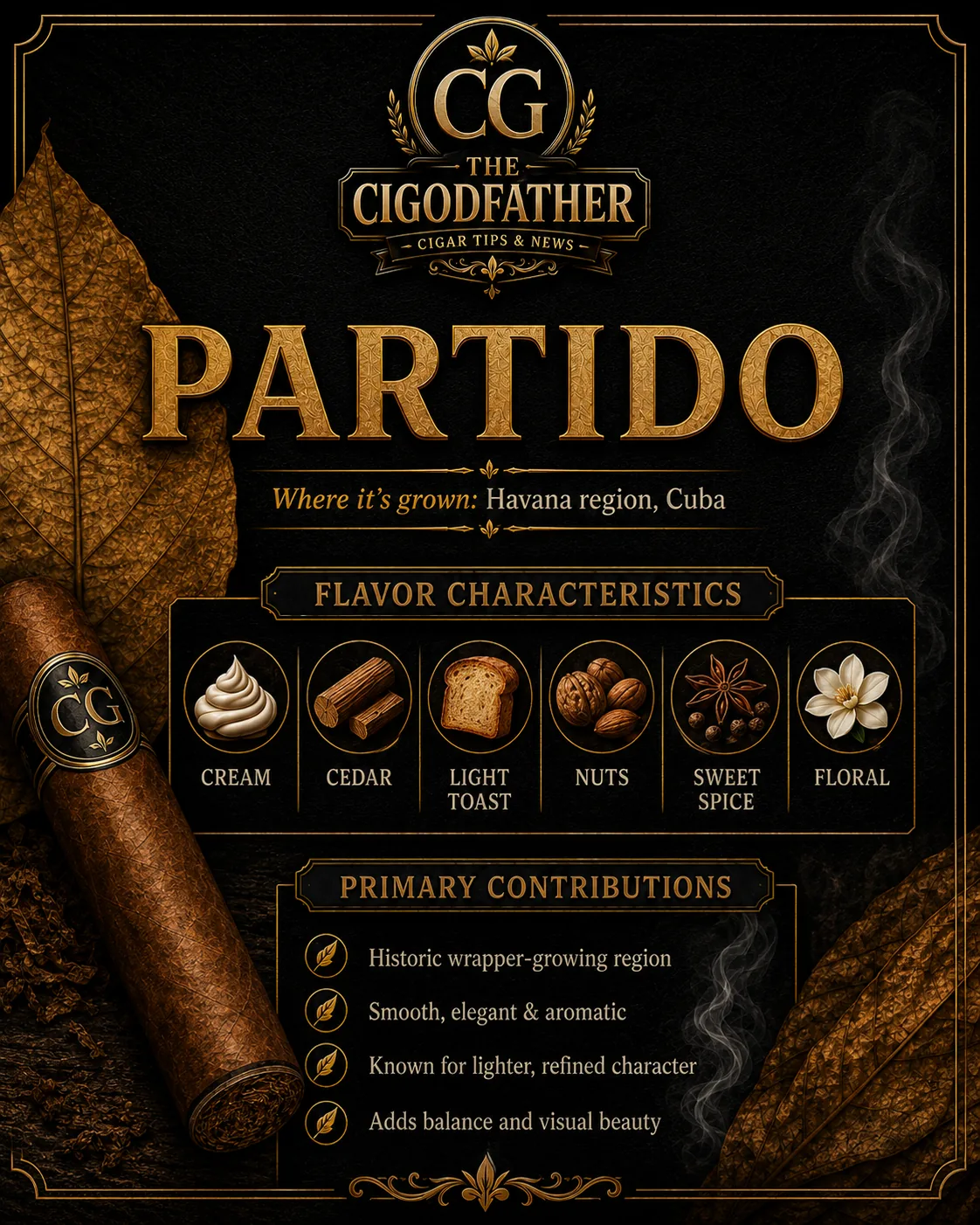Partido infographic: grown in Havana region, Cuba, flavor notes of cream, cedar, light toast, nuts, sweet spice, floral, and what it gives a blend