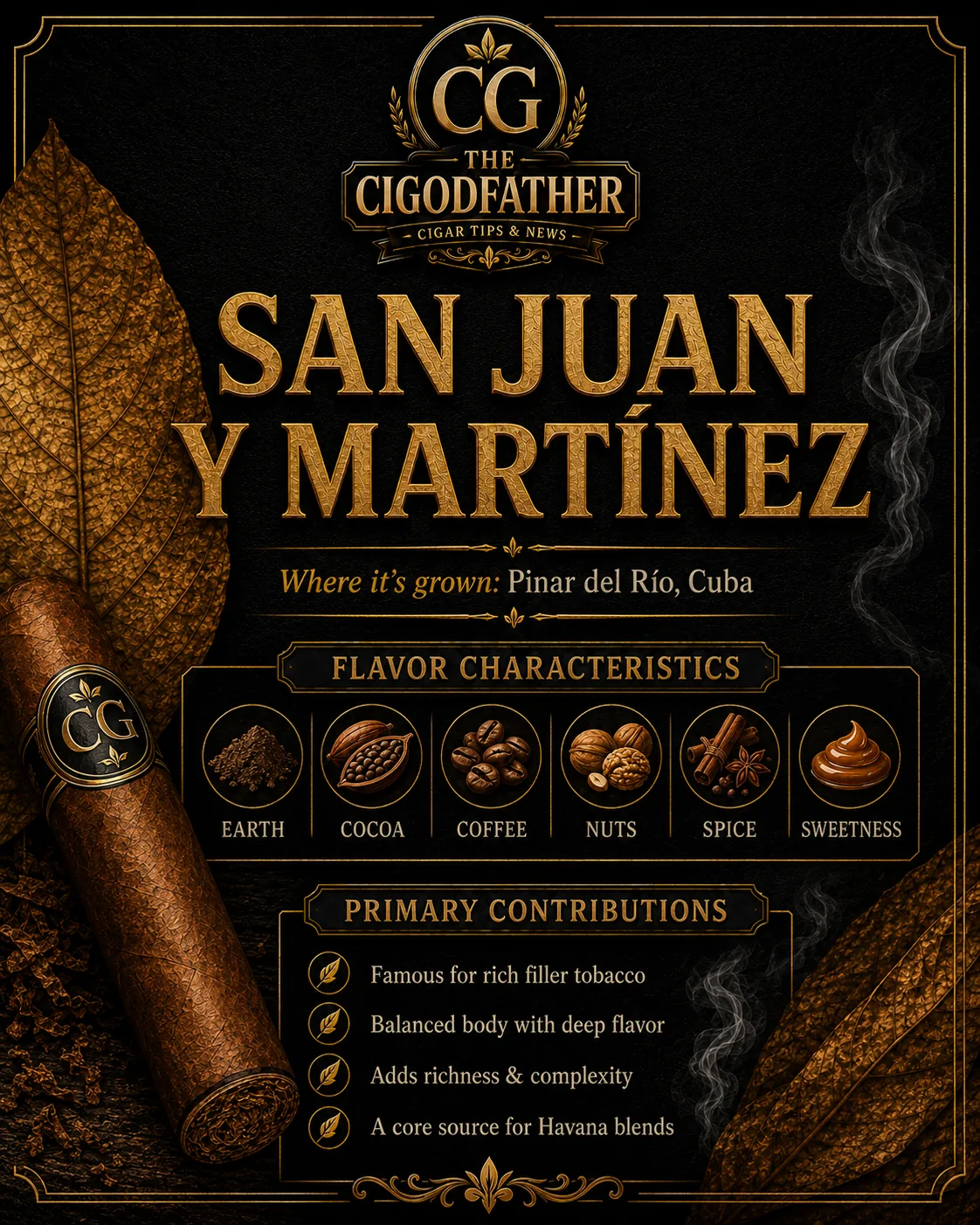 San Juan y Martínez infographic: grown in Pinar del Río, Cuba, flavor notes of earth, cocoa, coffee, nuts, spice, sweetness, and what it gives a blend