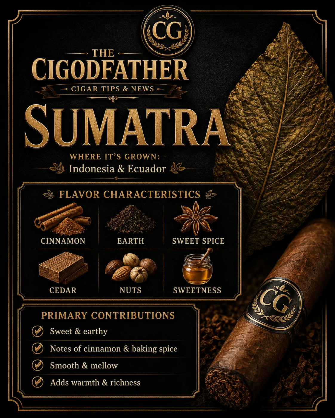 Sumatra infographic: grown in Indonesia & Ecuador, flavor notes of cinnamon, earth, sweet spice, cedar, nuts, sweetness, and what it gives a blend
