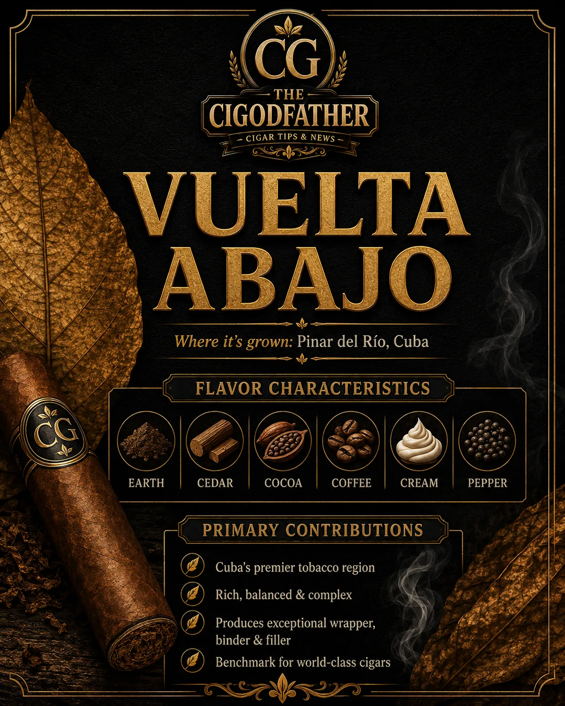 Vuelta Abajo infographic: grown in Pinar del Río, Cuba, flavor notes of earth, cedar, cocoa, coffee, cream, pepper, and what it gives a blend