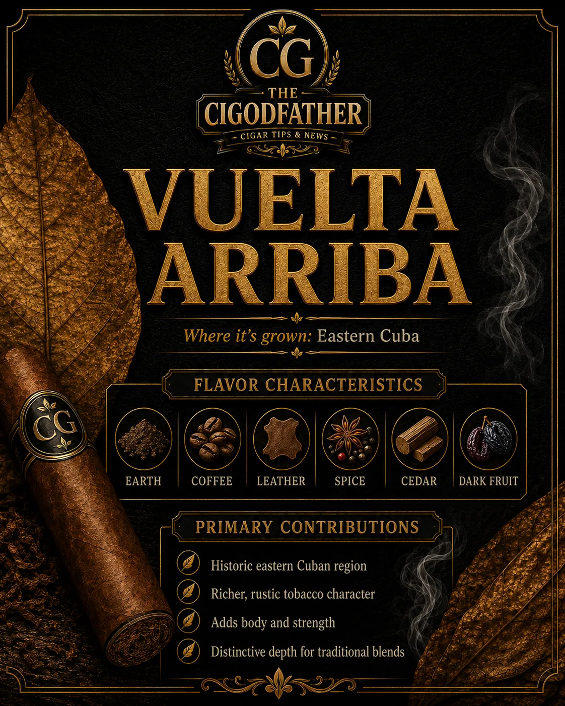 Vuelta Arriba infographic: grown in Eastern Cuba, flavor notes of earth, coffee, leather, spice, cedar, dark fruit, and what it gives a blend
